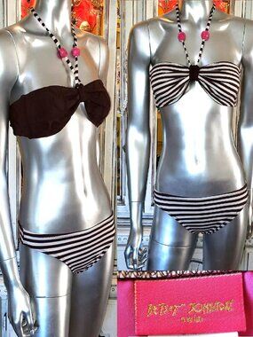Vintage Betsey Johnson Bikini Brown Heart Striped Carved Pink Rose Swimsuit Sz S